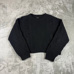 Quince Black Cable Knit Organic Cotton Crew Neck Cropped Sweater Womens Size L